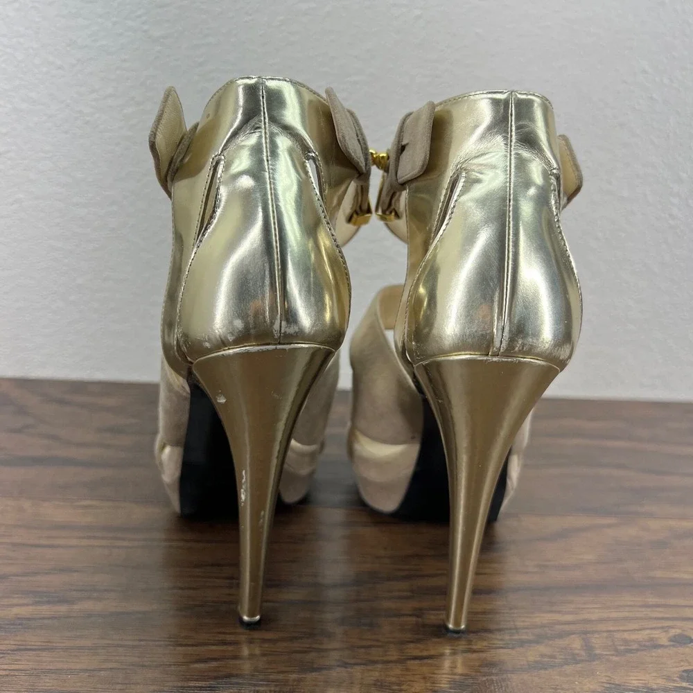 Burak Uyan Burakuyan Womens 37 US 7 Beige Gold Suede Leather Platform Heels